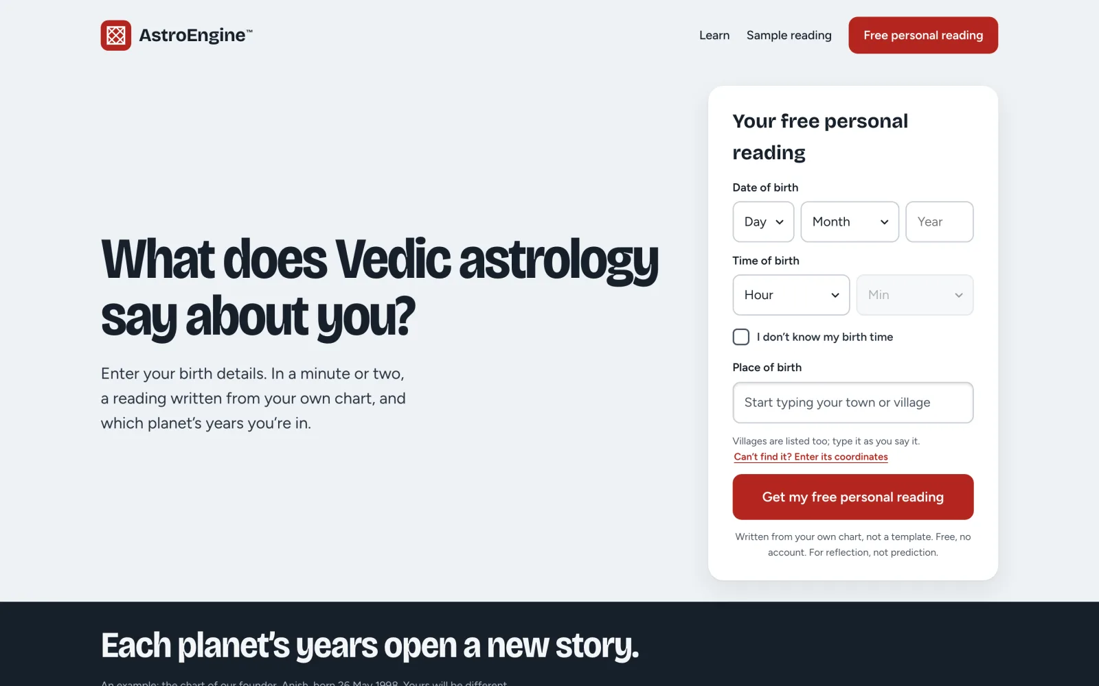 AstroEngine home page with the free reading form